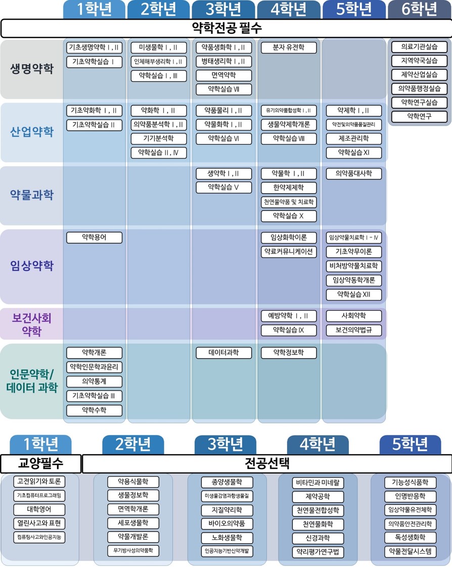 약학교육 이수체계도(통합6년제): 약학전공 