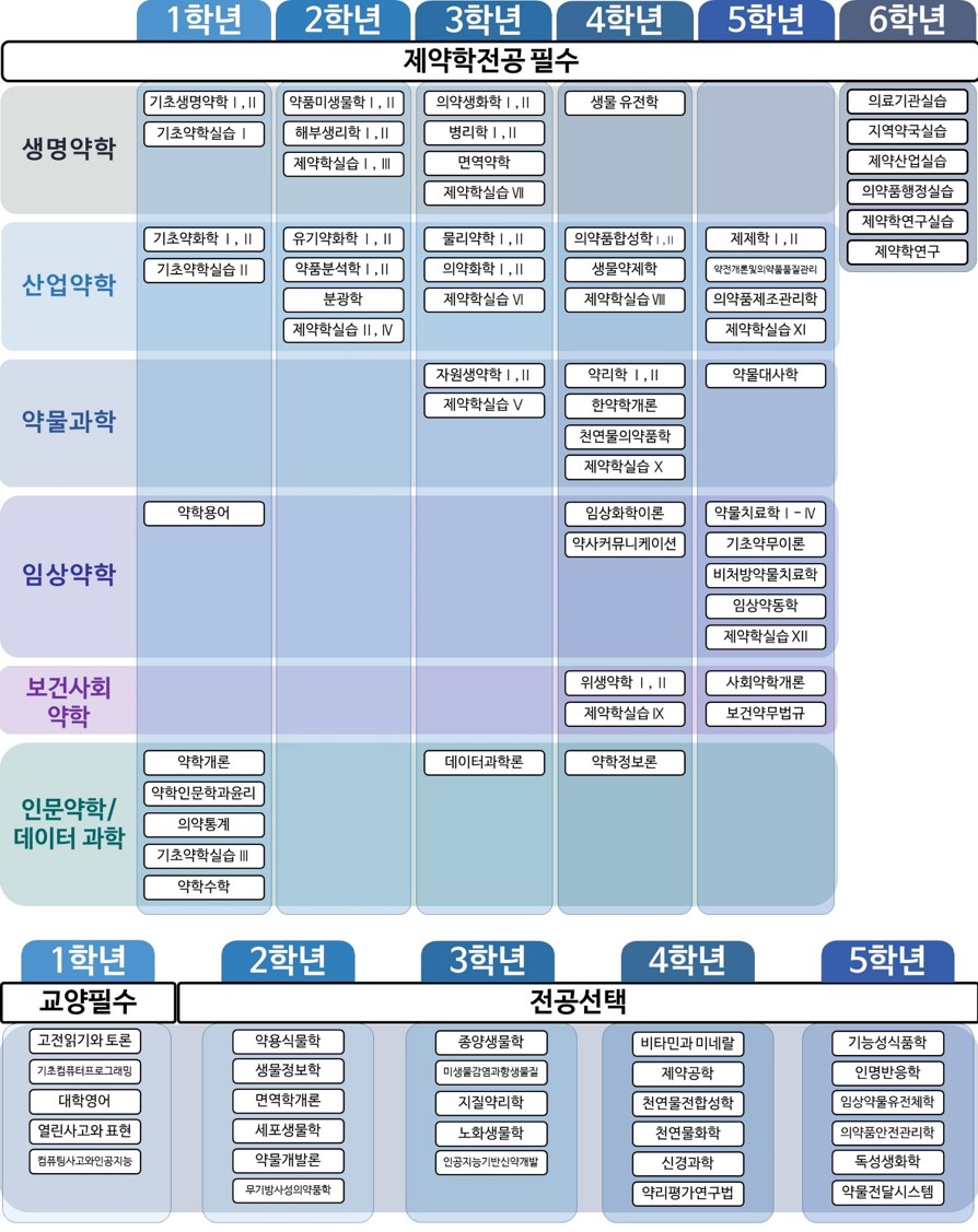 약학교육 이수체계도(통합6년제): 제약학 전공 